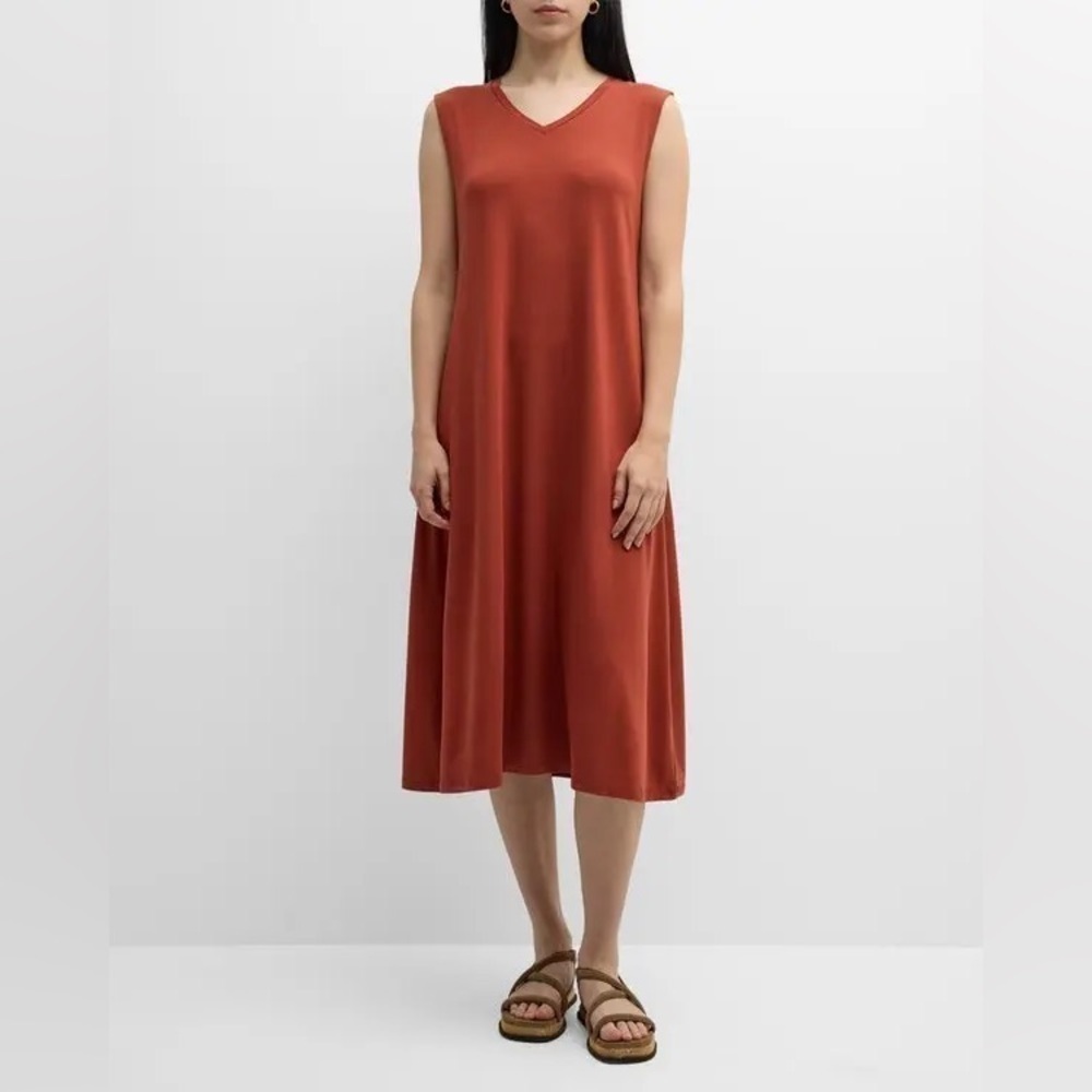 Eileen Fisher Sleeveless V-Neck Jersey Midi Dress - Picante size S/P